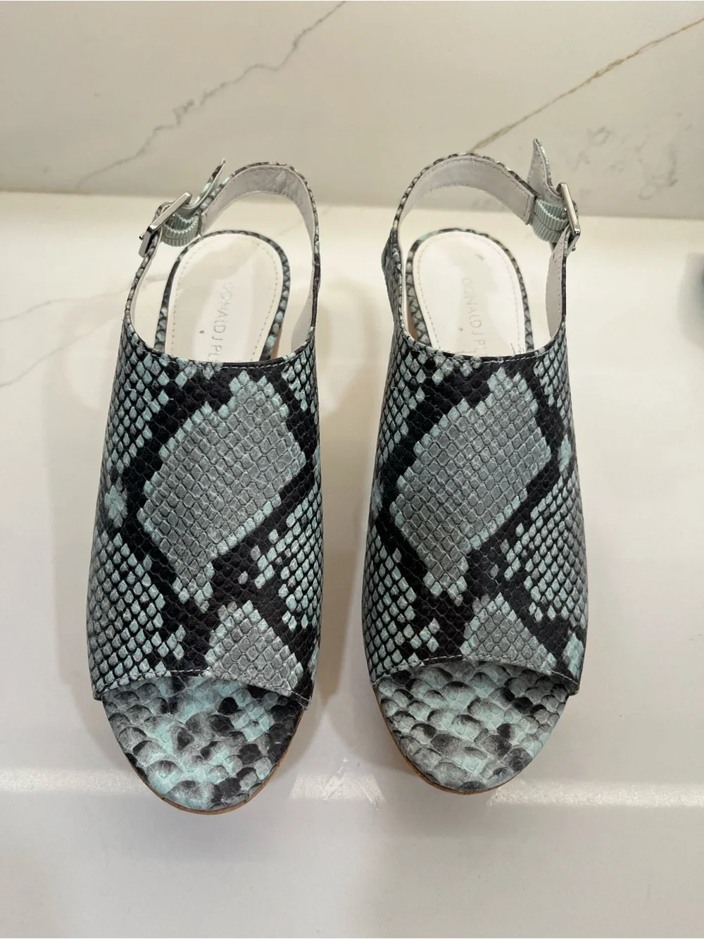 Donald J. Pliner Light Blue Snake-Print Cork Wedge Sandals